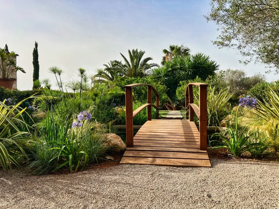 Pasarela entre la vegetación del Jardín junto al estanque, S’Alqueria
